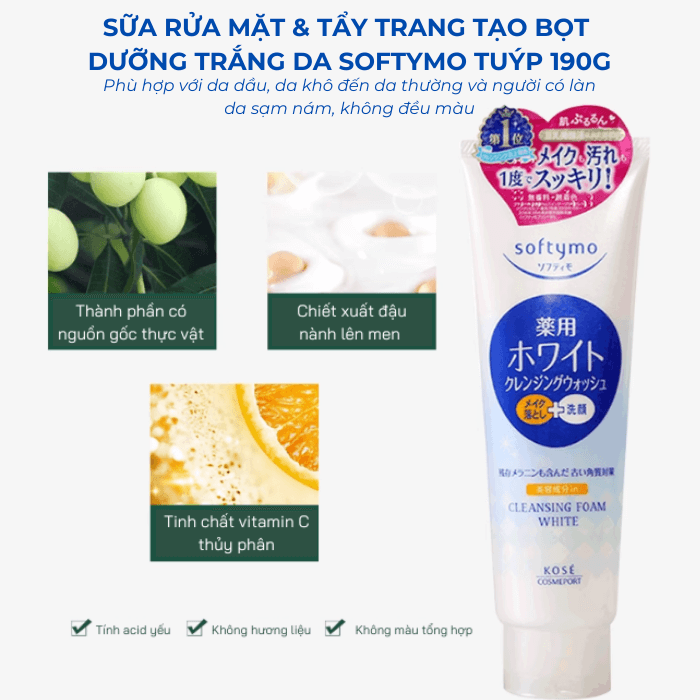 Sữa rửa mặt và tẩy trang tạo bọt dưỡng trắng da Softymo Kosé 190g