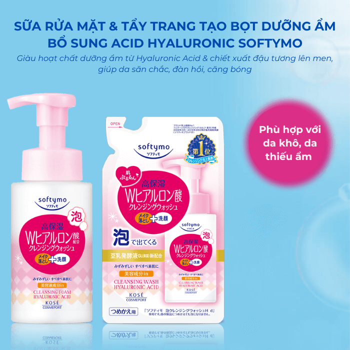 Sữa rửa mặt và tẩy trang tạo bọt dưỡng ẩm bổ sung Acid Hyaluronic Túi Refill 180ml