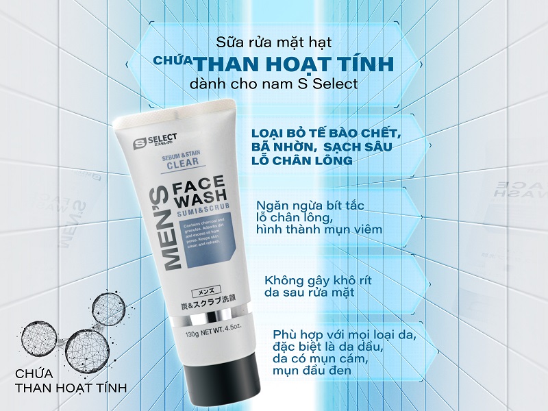 Sữa rửa mặt hạt chứa than hoạt tính dành cho nam S Select